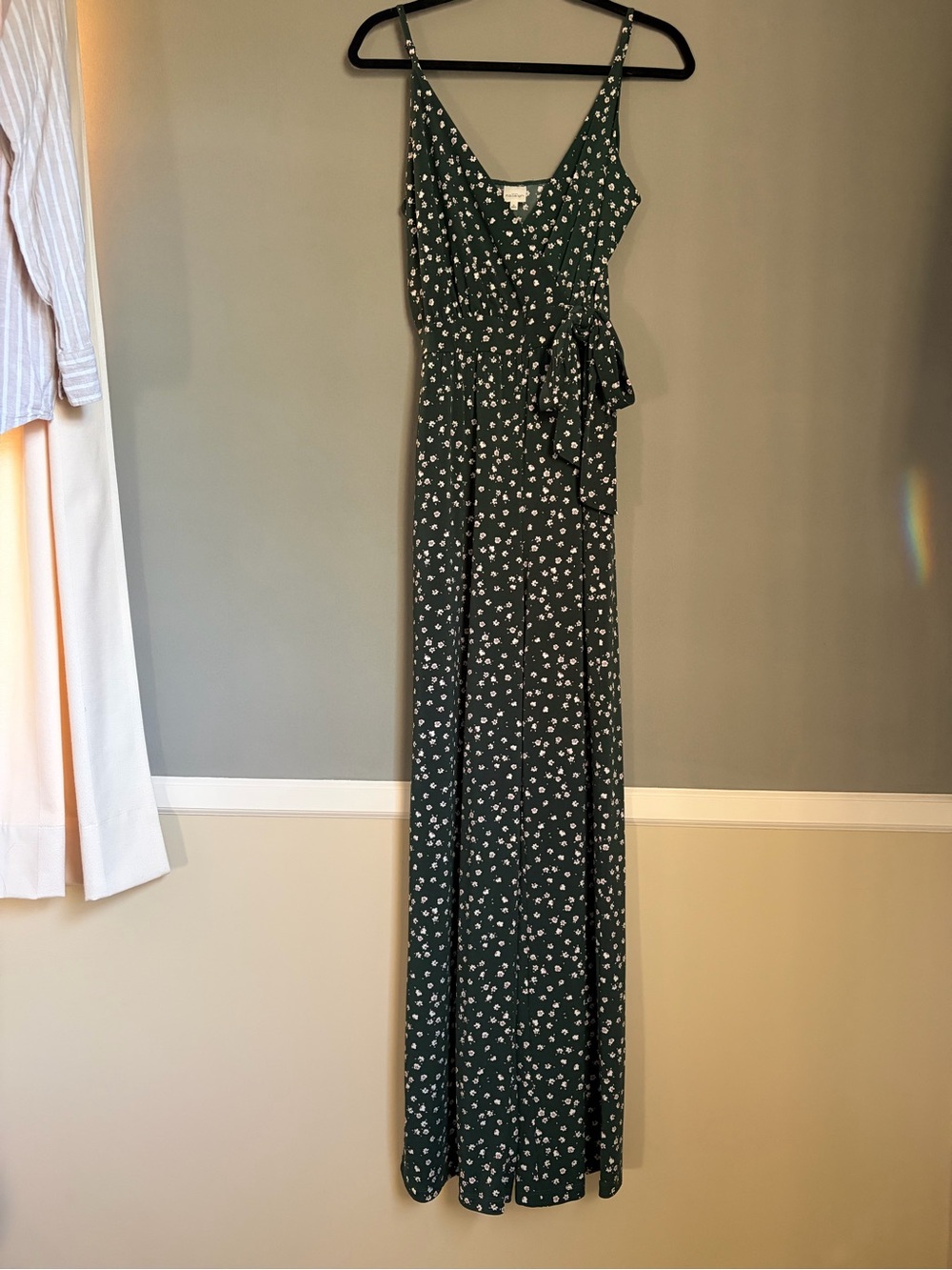 Kaileigh Stitch Fix Wide Leg Jumpsuit Dark Green Ditsy Floral Adjustable Straps